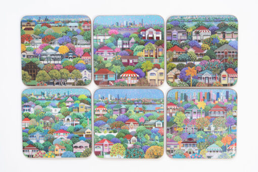 Queensland Coasters - the 6 different coaster artworks laid out on a white background