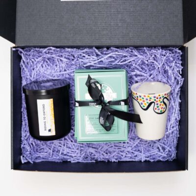 Confetti Tea Bundle - Candle, Tea and Tea Beaker - Inside box on white background