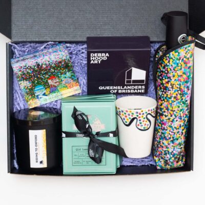 Confetti Tea Bundle - Umbrella, Coasters, Crystal Block, Candle, Tea and Tea Beaker - Inside box on white background