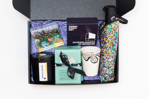 Confetti Tea Bundle - Umbrella, Coasters, Crystal Block, Candle, Tea and Tea Beaker - Inside box on white background