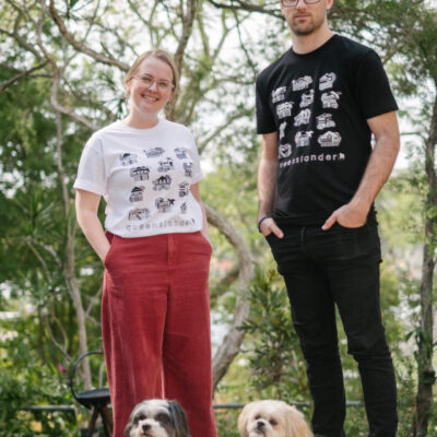 Queenslander T-Shirts with 2 dogs in front
