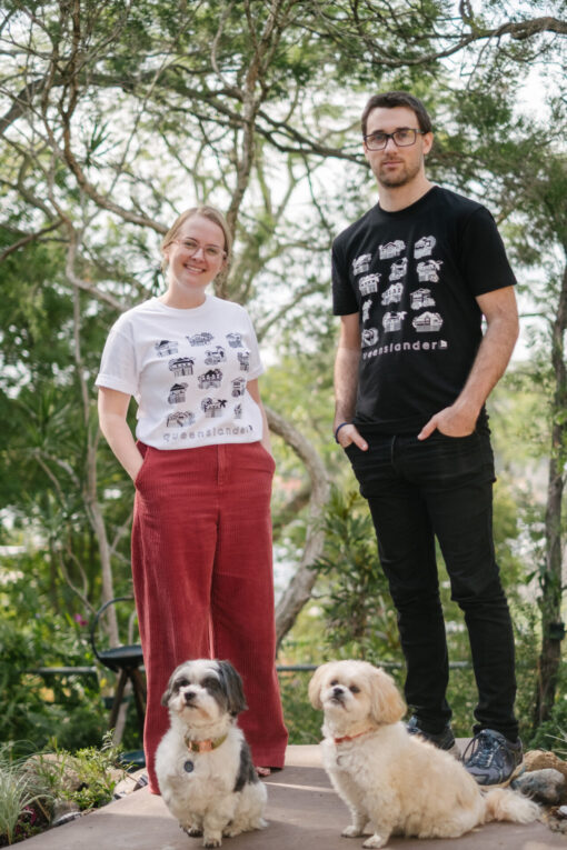 Queenslander T-Shirts with 2 dogs in front